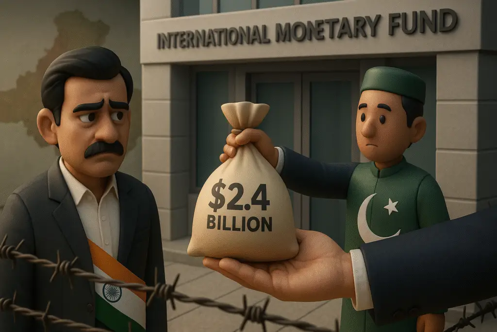 IMF द्वारा पाकिस्तान को $2.4 बिलियन का ऋण देते हुए दृश्य, जिसमें भारत की चिंतित प्रतिक्रिया और भारत-पाक सीमा की प्रतीकात्मक झलक शामिल है।