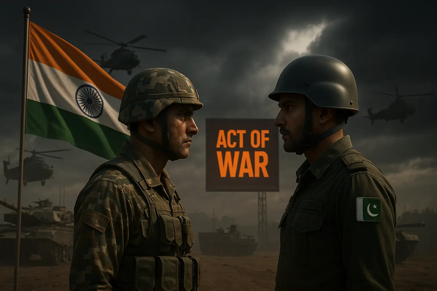 India Pakistan soldiers face-off at border with helicopters, tanks, and ‘Act of War’ headline, Indian flag waving, dark cloudy sky.