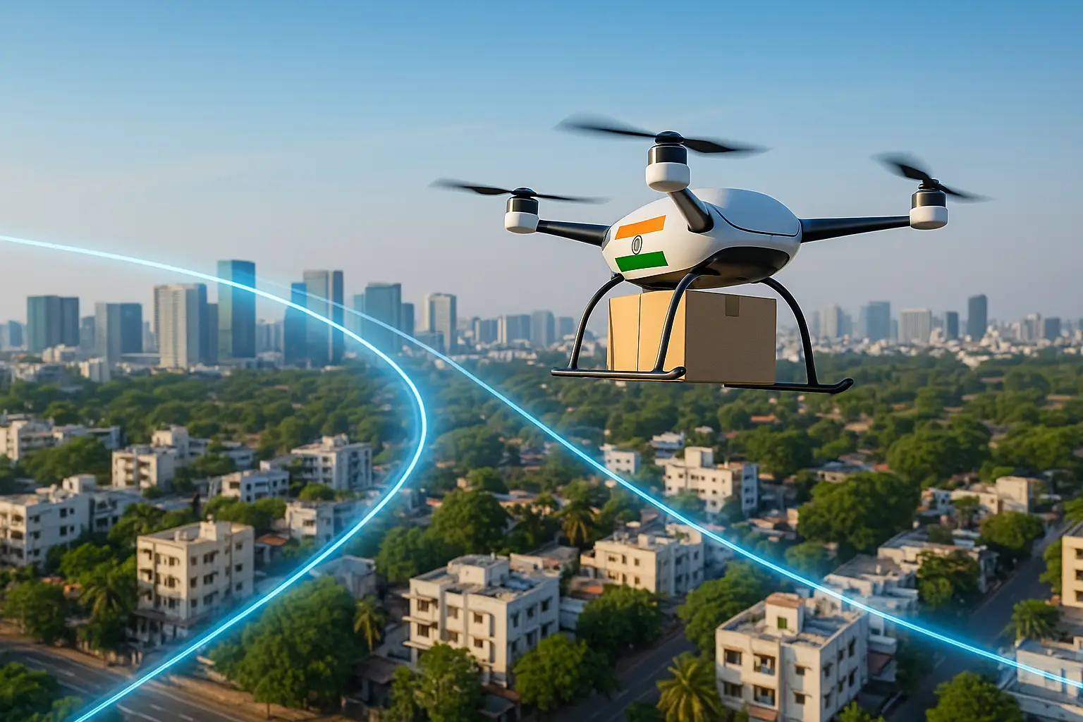 Drone Corridors: डिलीवरी ड्रोन भारतीय शहर के ऊपर उड़ते हुए, पार्सल के साथ डिजिटल कॉरिडोर में