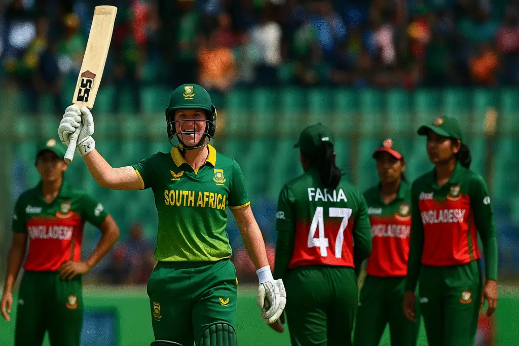 Faye Tunnicliffe celebrates half-century during South Africa Emerging vs Bangladesh Emerging women's cricket match in Chattogram, 2025