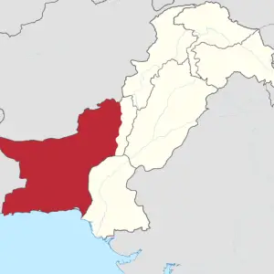 मानचित्र में लाल रंग से दर्शाया गया बलूचिस्तान, पाकिस्तान के चार प्रांतों में से एक है (अन्य तीन प्रांत हरे रंग में दर्शाए गए हैं)। अंतरराष्ट्रीय स्तर पर बलूचिस्तान को पाकिस्तान के हिस्से के रूप में ही मान्यता प्राप्त है।