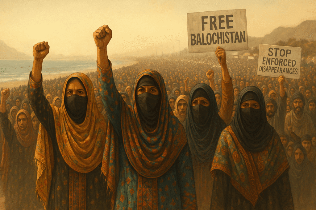 बलूच महिलाओं का विशाल प्रदर्शन, पारंपरिक पहनावे में मुट्ठी उठाए, 'Free Balochistan' और 'Stop Enforced Disappearances' पोस्टर के साथ