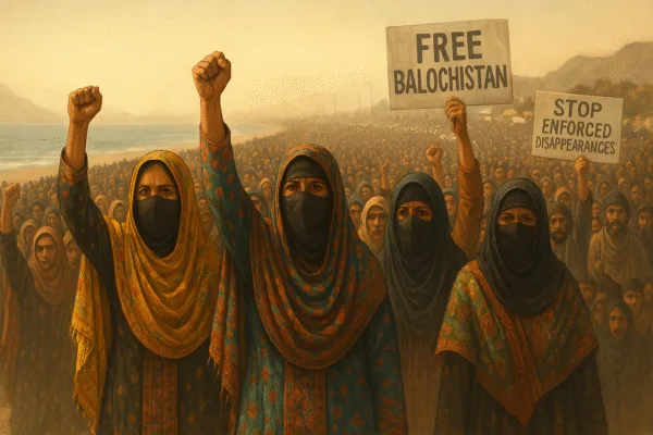 बलूच महिलाओं का विशाल प्रदर्शन, पारंपरिक पहनावे में मुट्ठी उठाए, 'Free Balochistan' और 'Stop Enforced Disappearances' पोस्टर के साथ