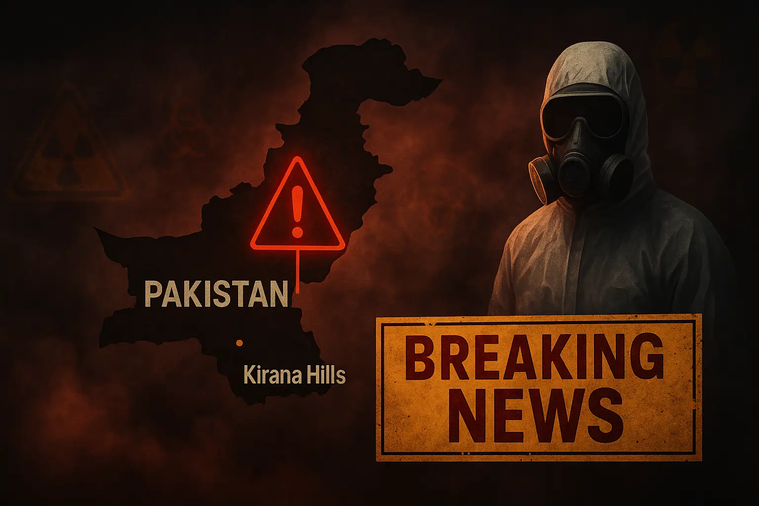 Pakistan nuclear radiation leak alert near Kirana Hills – hazmat suit figure, warning sign, and map of Pakistan in dark background