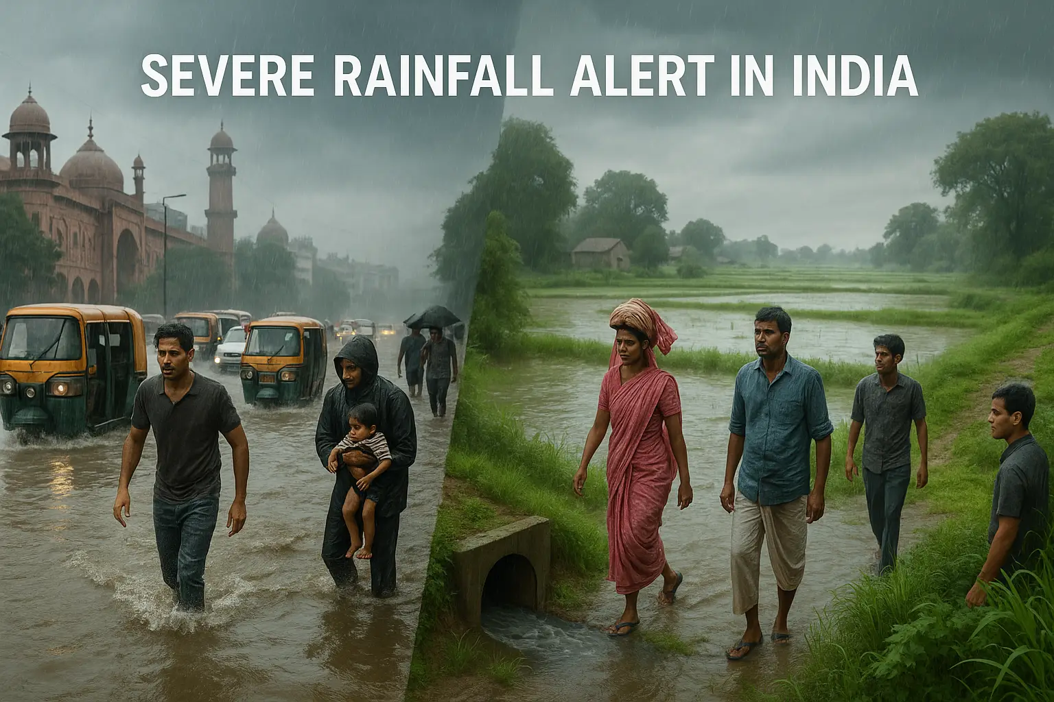 severe rainfall alert today in India: भारत में भारी बारिश और बाढ़ का प्रभाव दिखाती एक तस्वीर, जिसमें जलमग्न शहरी सड़कें, ग्रामीण खेत और समाधान के रूप में हरियाली दिख रही है, जो चुनौतियों के बीच लचीलेपन और सामुदायिक प्रयासों को दर्शाती है।