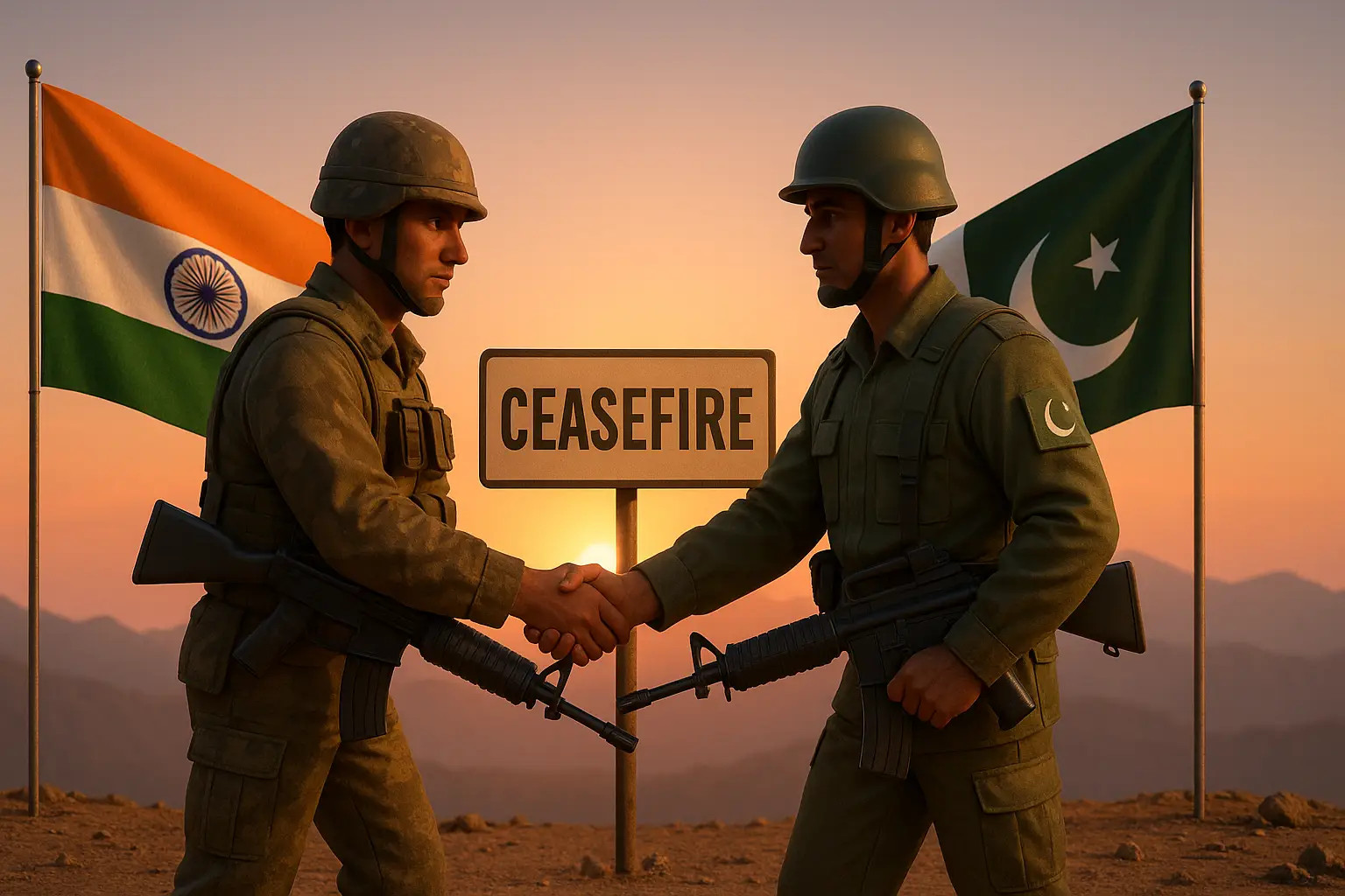 Indian and Pakistani soldiers at ceasefire sign with sunrise background, symbolizing peace after border conflict.