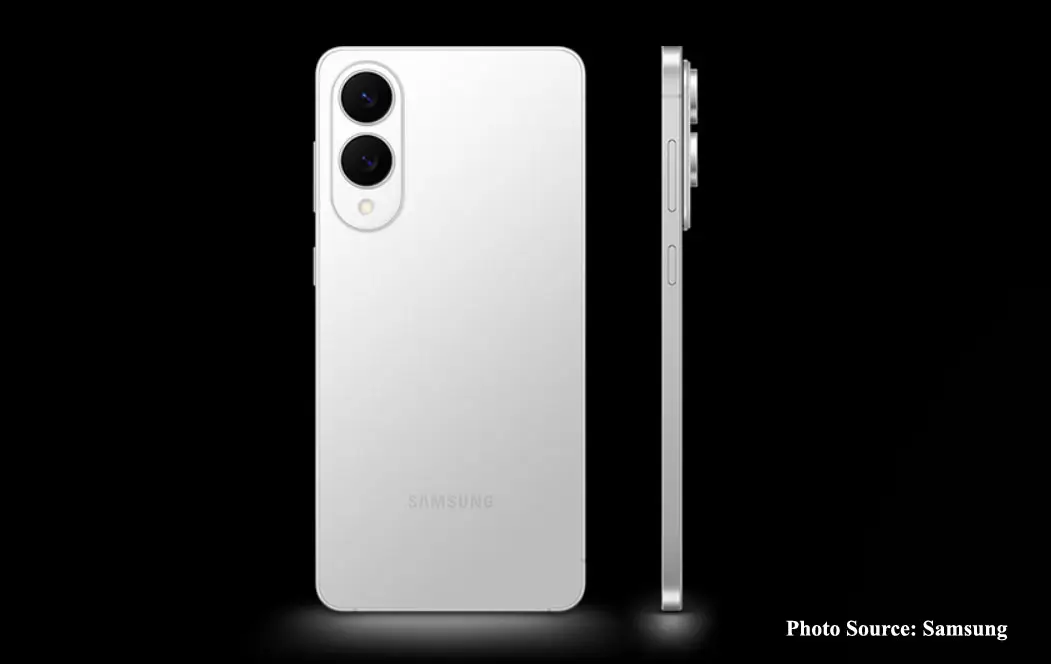Samsung S25 Edge स्मार्टफोन ग्लॉसी सरफेस पर, फ्रंट और बैक व्यू के साथ – फ्यूचरिस्टिक और प्रीमियम डिज़ाइन