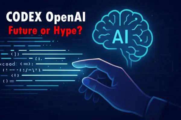 Codex OpenAI: Human hand interacting with glowing code flowing from an AI brain, symbolizing AI assistance in programming.