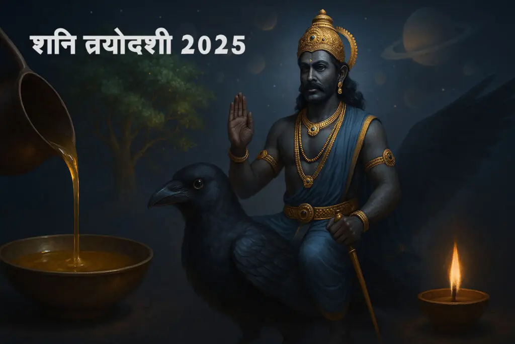 Shani Trayodashi 2025 (शनि त्रयोदशी): शनि देव अपने वाहन पर विराजमान, सरसों तेल का दीपक और पीपल का पेड़।