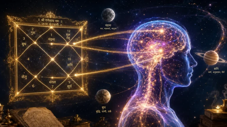 A person analyzing a Vedic astrology birth chart or horoscope to understand habit patterns and personality traits.