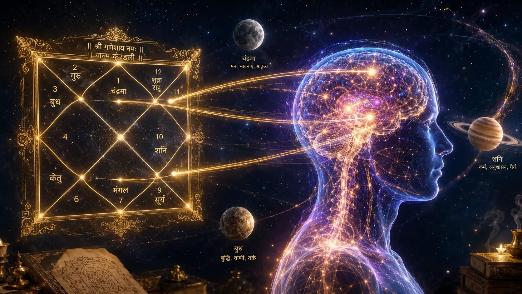 A person analyzing a Vedic astrology birth chart or horoscope to understand habit patterns and personality traits.