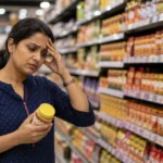 An Indian woman feeling stressed and experiencing decision fatigue while trying to choose a product in a supermarket.