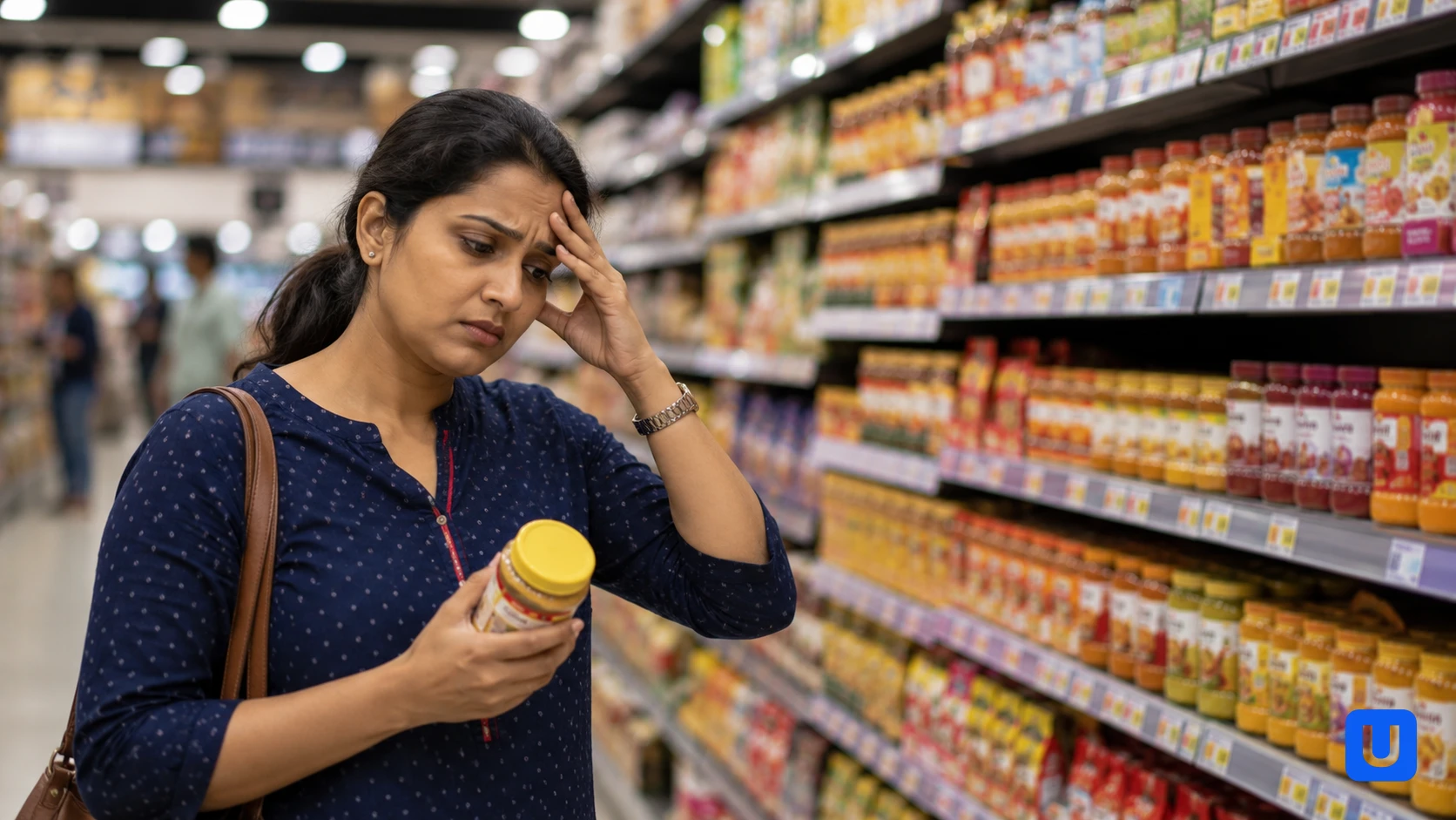 An Indian woman feeling stressed and experiencing decision fatigue while trying to choose a product in a supermarket.