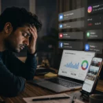 An Indian man feeling stressed and experiencing mental fatigue due to information overload on his phone and laptop.