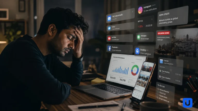 An Indian man feeling stressed and experiencing mental fatigue due to information overload on his phone and laptop.