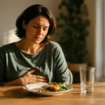 A person experiencing Gastroparesis symptoms and early fullness during a meal