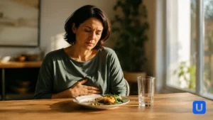 A person experiencing Gastroparesis symptoms and early fullness during a meal
