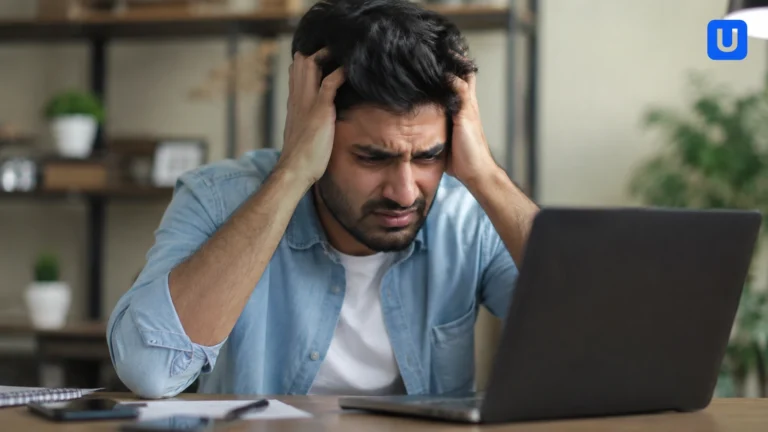 An Indian person sitting alone in a modern room, looking frustrated and stressed, representing modern life pressure and information overload.