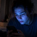 A person experiencing mental fatigue and anxiety while doomscrolling on a smartphone in a dark room.