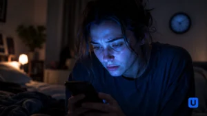 A person experiencing mental fatigue and anxiety while doomscrolling on a smartphone in a dark room.
