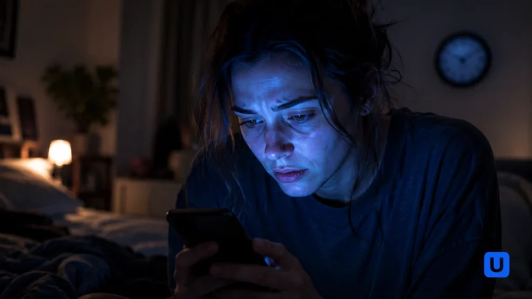 A person experiencing mental fatigue and anxiety while doomscrolling on a smartphone in a dark room.