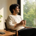 A man sitting peacefully by a window with his phone kept away face down practicing dopamine detox