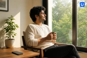 A man sitting peacefully by a window with his phone kept away face down practicing dopamine detox