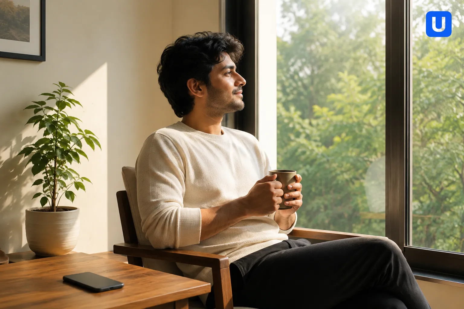 A man sitting peacefully by a window with his phone kept away face down practicing dopamine detox