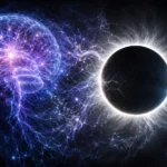 A conceptual image showing a total solar eclipse next to a glowing human brain network, representing the psychology of fear and self reflection during Surya Grahan 2026.