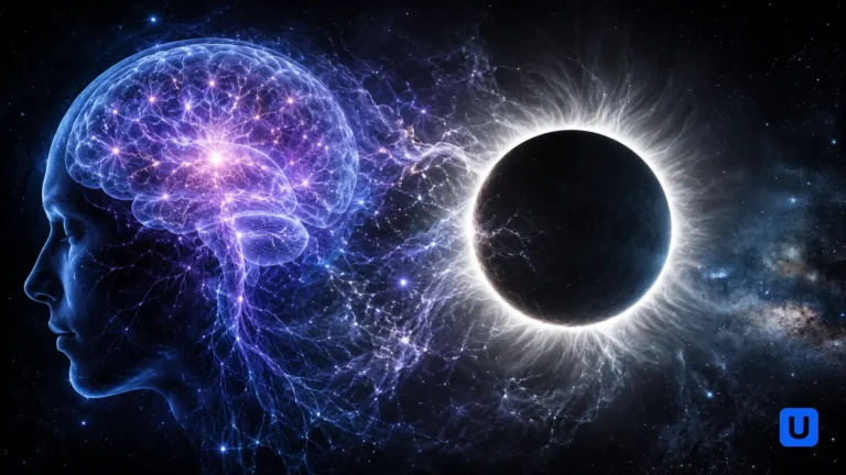 A conceptual image showing a total solar eclipse next to a glowing human brain network, representing the psychology of fear and self reflection during Surya Grahan 2026.