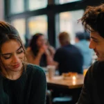 A young man and woman sitting in a cafe showing signs of Attraction Psychology through subtle Body Language.