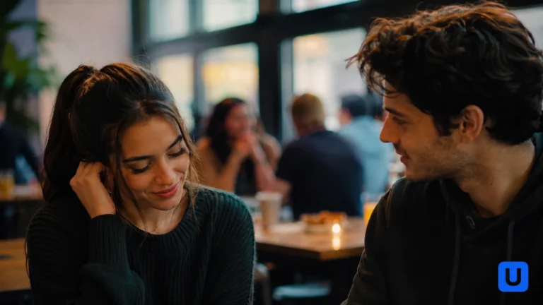 A young man and woman sitting in a cafe showing signs of Attraction Psychology through subtle Body Language.