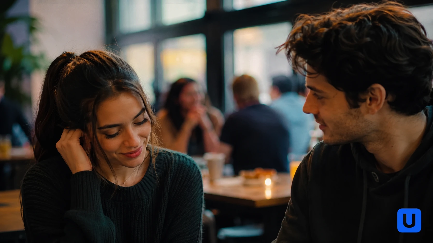 A young man and woman sitting in a cafe showing signs of Attraction Psychology through subtle Body Language.