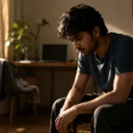 A young person experiencing Depression sitting on the bed reflecting on Daily Habits and Mental Health