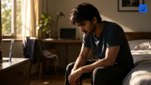 A young person experiencing Depression sitting on the bed reflecting on Daily Habits and Mental Health