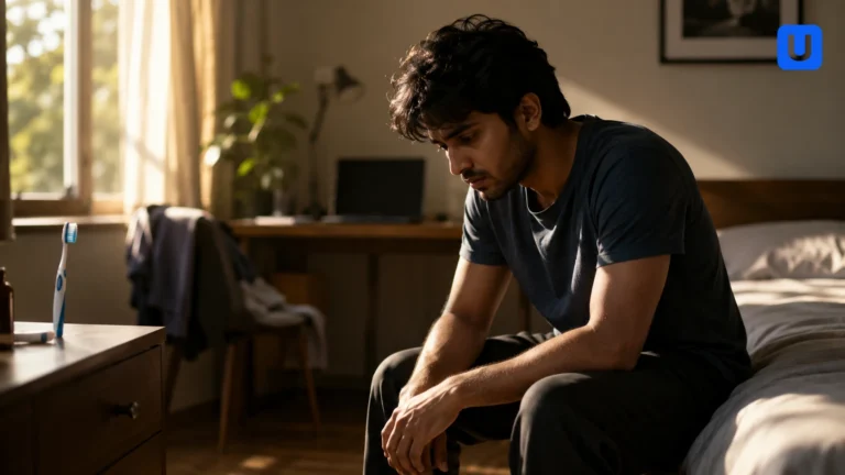 A young person experiencing Depression sitting on the bed reflecting on Daily Habits and Mental Health