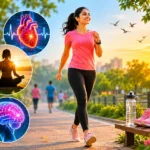 सुबह के समय पार्क में पैदल चलती हुई महिला, जो नियमित Walking के मानसिक और शारीरिक स्वास्थ्य लाभों को दर्शा रही है।
