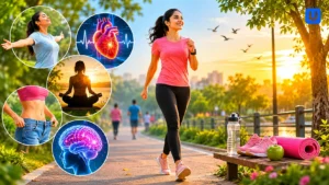 सुबह के समय पार्क में पैदल चलती हुई महिला, जो नियमित Walking के मानसिक और शारीरिक स्वास्थ्य लाभों को दर्शा रही है।