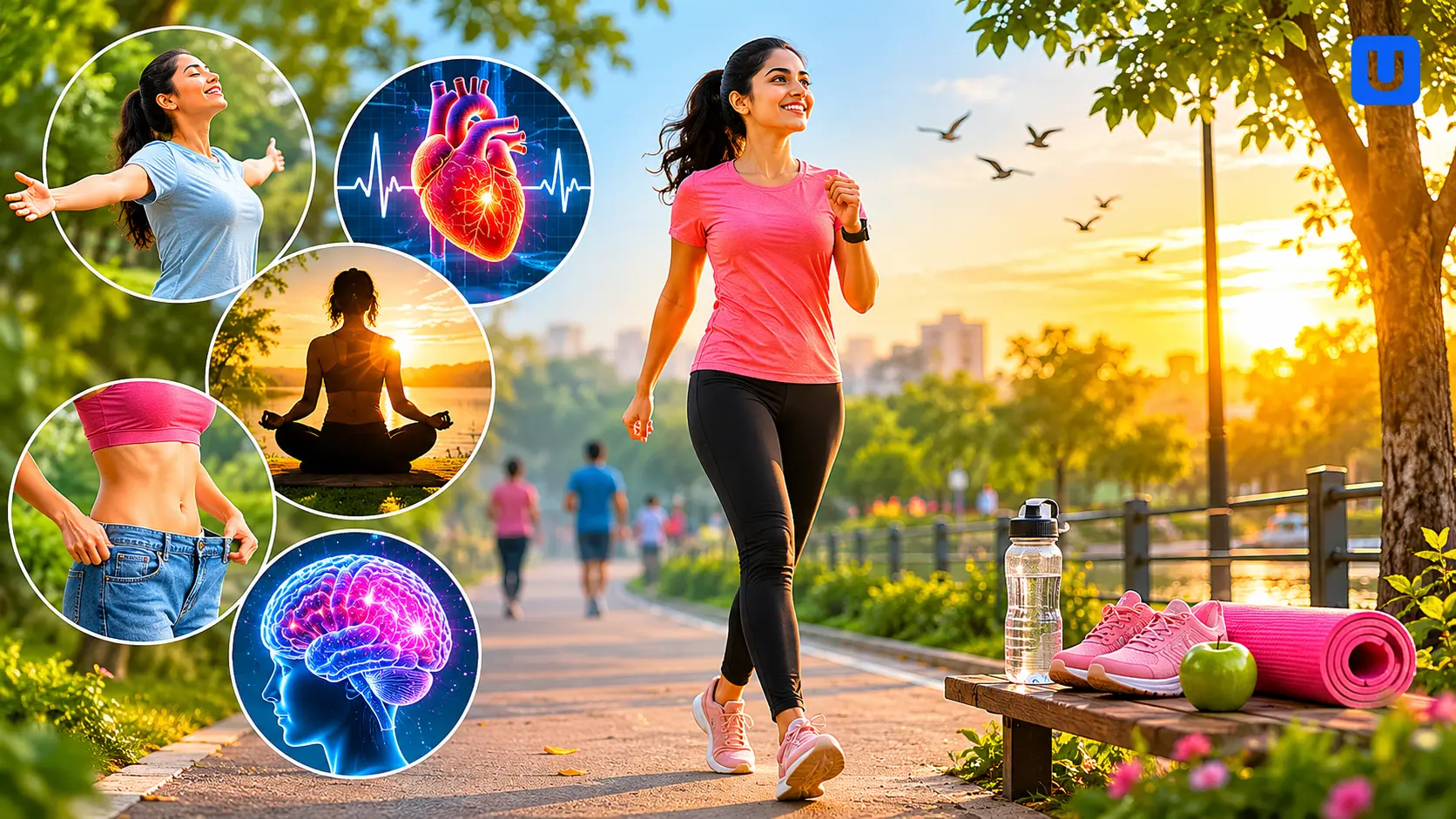 सुबह के समय पार्क में पैदल चलती हुई महिला, जो नियमित Walking के मानसिक और शारीरिक स्वास्थ्य लाभों को दर्शा रही है।