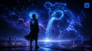 A visionary and modern conceptual psychological art showing the futuristic mindset and rebel nature of Aquarius zodiac sign in Hindi blog.