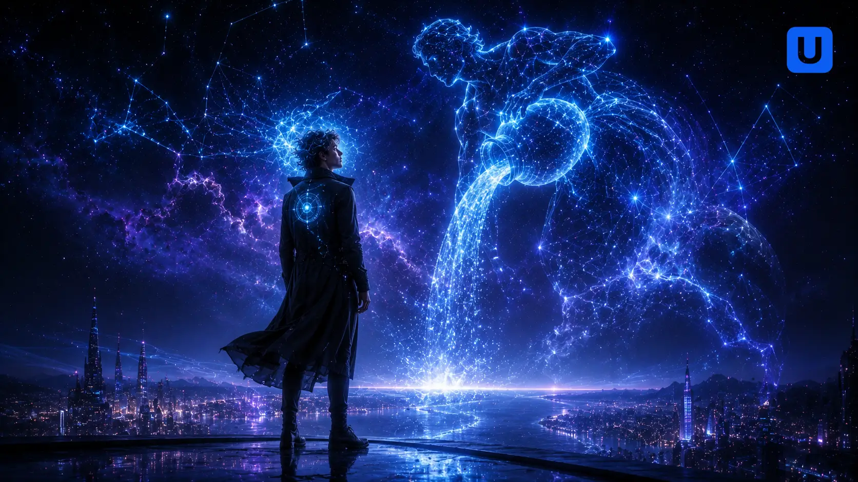 A visionary and modern conceptual psychological art showing the futuristic mindset and rebel nature of Aquarius zodiac sign in Hindi blog.