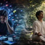 Digital Cleanse और Screen Time Anxiety से राहत पाने का वैज्ञानिक तरीका दर्शाता हुआ एक शांत व्यक्ति