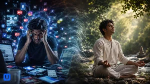 Digital Cleanse और Screen Time Anxiety से राहत पाने का वैज्ञानिक तरीका दर्शाता हुआ एक शांत व्यक्ति