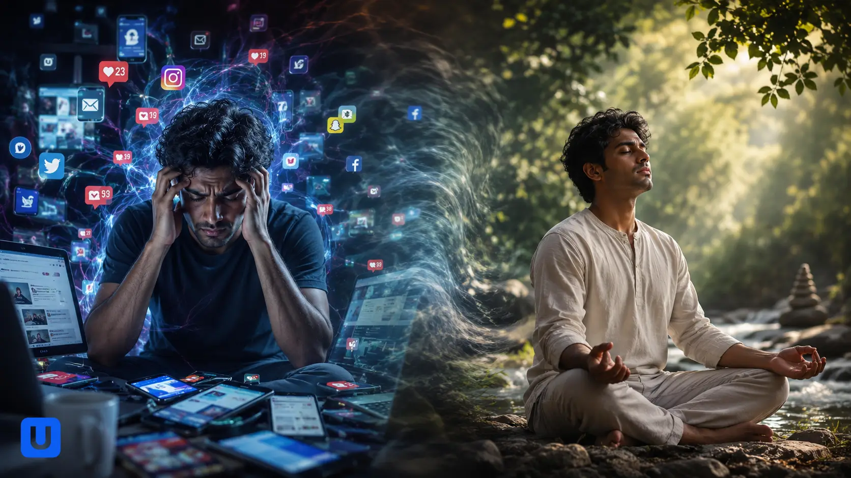 Digital Cleanse और Screen Time Anxiety से राहत पाने का वैज्ञानिक तरीका दर्शाता हुआ एक शांत व्यक्ति