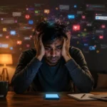 A stressed Indian man looking at his smartphone showing digital clutter and notifications causing mental fatigue.