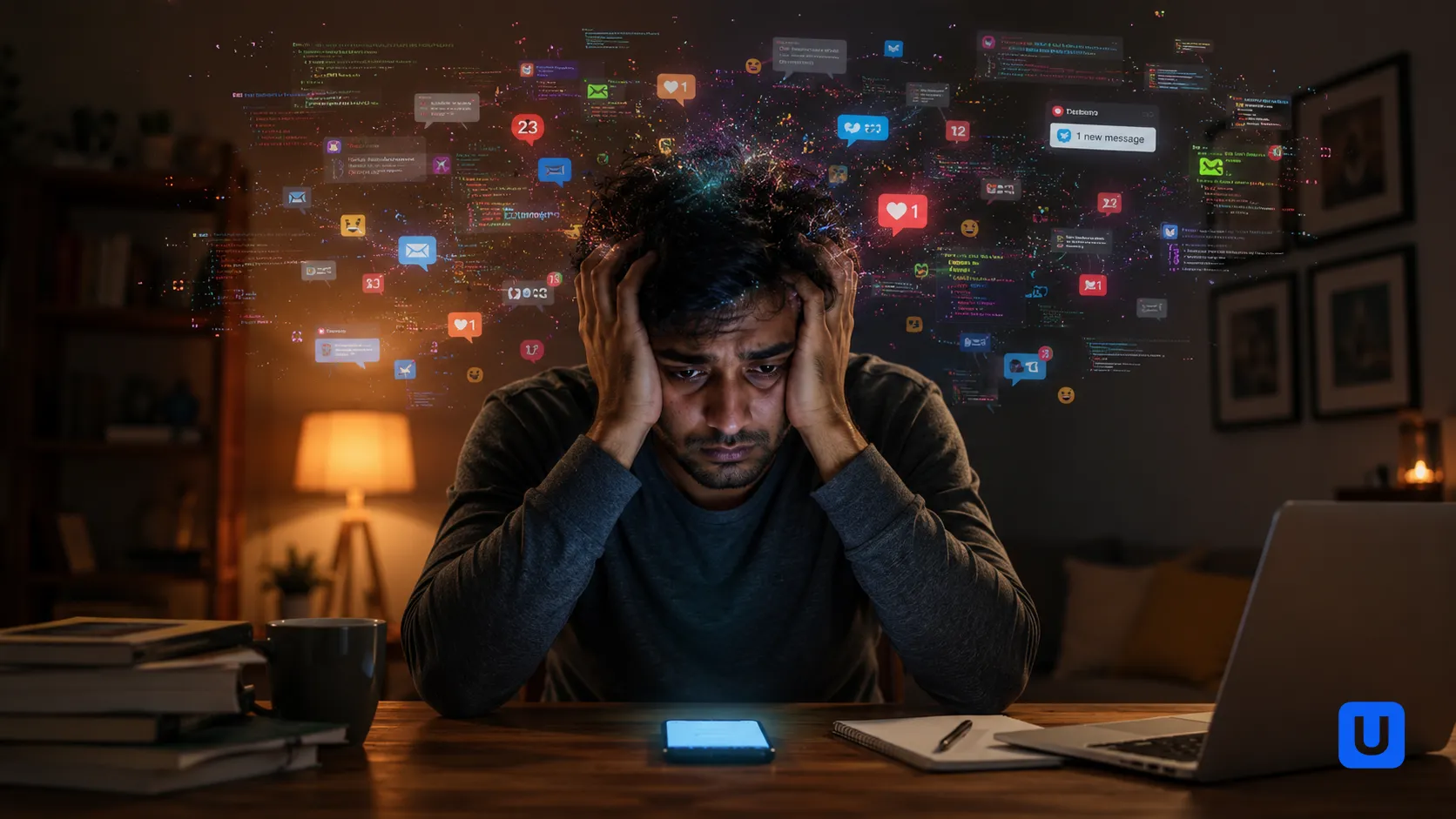A stressed Indian man looking at his smartphone showing digital clutter and notifications causing mental fatigue.