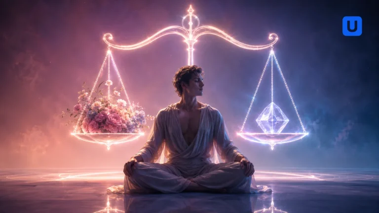A beautiful conceptual psychological art showing the balance and dual mindset of Libra zodiac sign in Hindi blog.