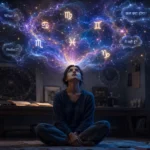 A conceptual artwork depicting overthinking zodiac signs with a person sitting in a dim room and a glowing cosmic nebula erupting from their mind showing astrological symbols of Virgo, Cancer, Gemini, and Scorpio.