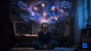 A conceptual artwork depicting overthinking zodiac signs with a person sitting in a dim room and a glowing cosmic nebula erupting from their mind showing astrological symbols of Virgo, Cancer, Gemini, and Scorpio.