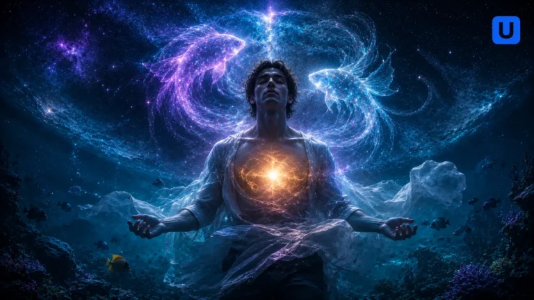 A beautiful spiritual and abstract conceptual psychological art showing the emotional depth and dreaming mindset of Pisces zodiac sign in Hindi blog.